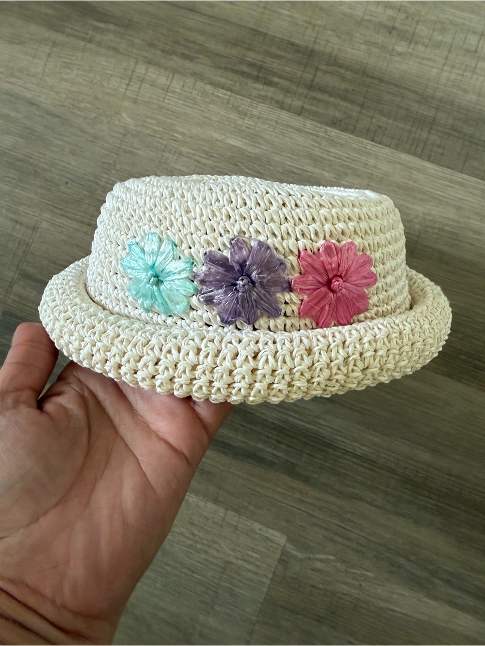 Kids Cream Straw Hat with Pink, Purple & Teal Flower Accents